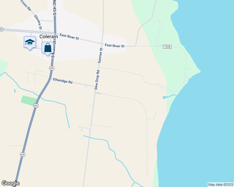 map of restaurants, bars, coffee shops, grocery stores, and more near 115 Chowan Shores Drive in Colerain