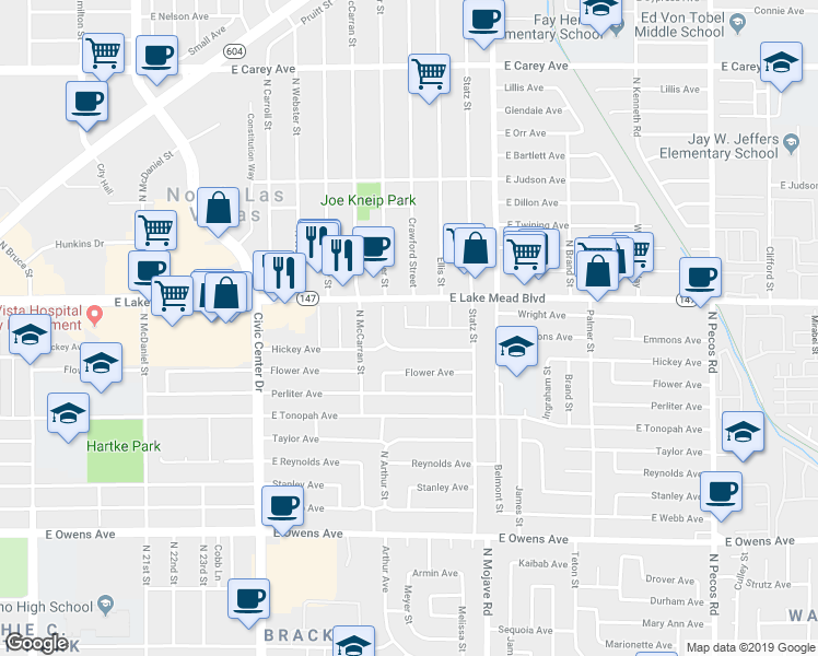 map of restaurants, bars, coffee shops, grocery stores, and more near 2801 Emmons Avenue in North Las Vegas