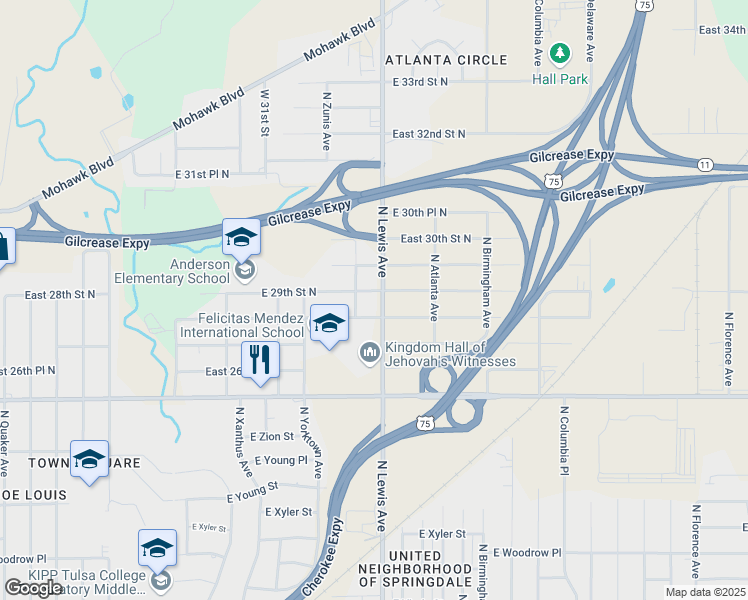 map of restaurants, bars, coffee shops, grocery stores, and more near 2802 North Lewis Avenue in Tulsa