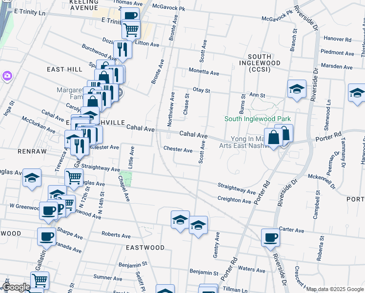 map of restaurants, bars, coffee shops, grocery stores, and more near 1403 Chester Avenue in Nashville