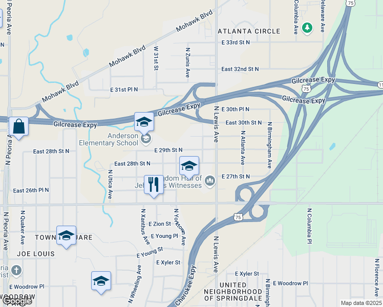 map of restaurants, bars, coffee shops, grocery stores, and more near 2156 East 29th Street North in Tulsa