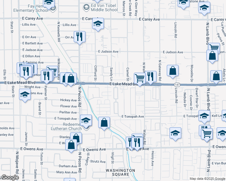 map of restaurants, bars, coffee shops, grocery stores, and more near 1977 Joyful Street in Las Vegas