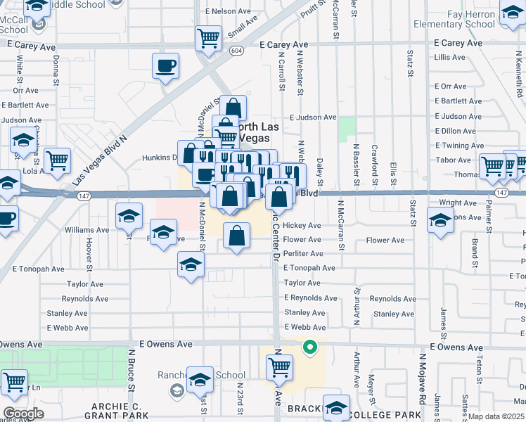 map of restaurants, bars, coffee shops, grocery stores, and more near 2401 East Lake Mead Boulevard in North Las Vegas