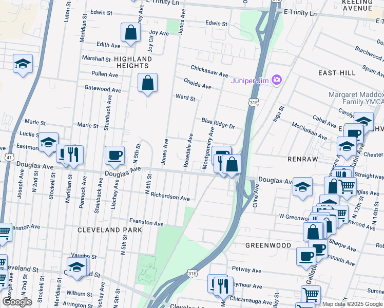 map of restaurants, bars, coffee shops, grocery stores, and more near 1307 Rosedale Avenue in Nashville