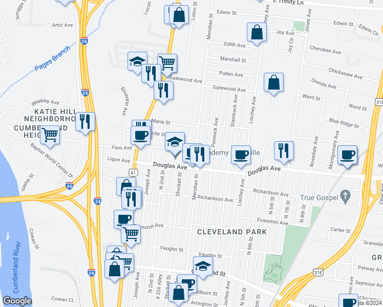 map of restaurants, bars, coffee shops, grocery stores, and more near 1312 Meridian Street in Nashville