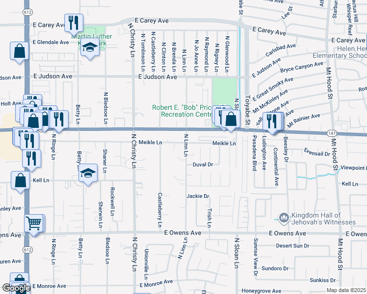 map of restaurants, bars, coffee shops, grocery stores, and more near 1899 Linn Lane in Las Vegas