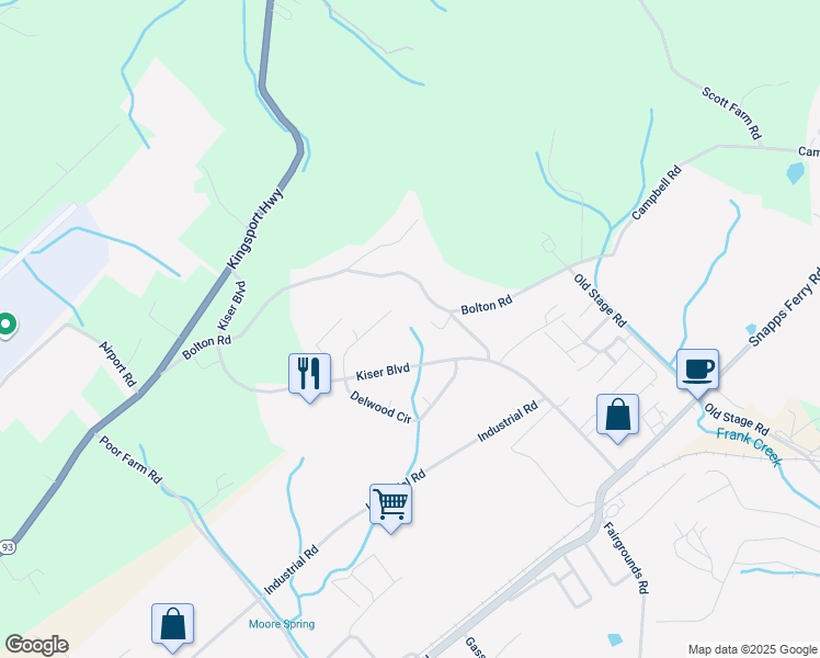 map of restaurants, bars, coffee shops, grocery stores, and more near 1139 Kiser Boulevard in Greeneville