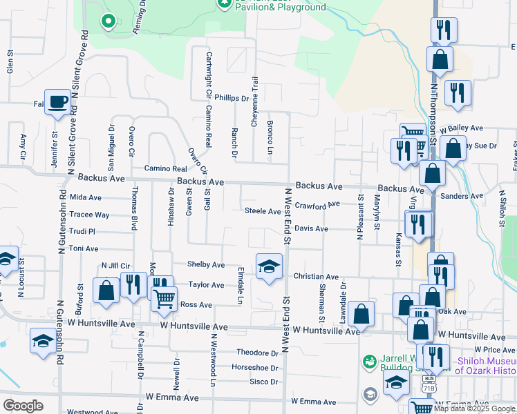 map of restaurants, bars, coffee shops, grocery stores, and more near 1612 Steele Avenue in Springdale