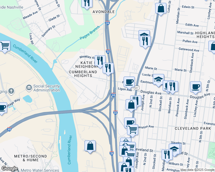 map of restaurants, bars, coffee shops, grocery stores, and more near 1205 Brick Church Pike in Nashville