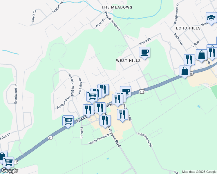 map of restaurants, bars, coffee shops, grocery stores, and more near 413 N Bellwood Rd in Morristown