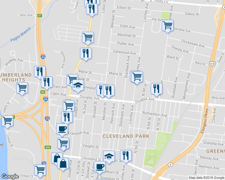 map of restaurants, bars, coffee shops, grocery stores, and more near 1316 Pennock Avenue in Nashville