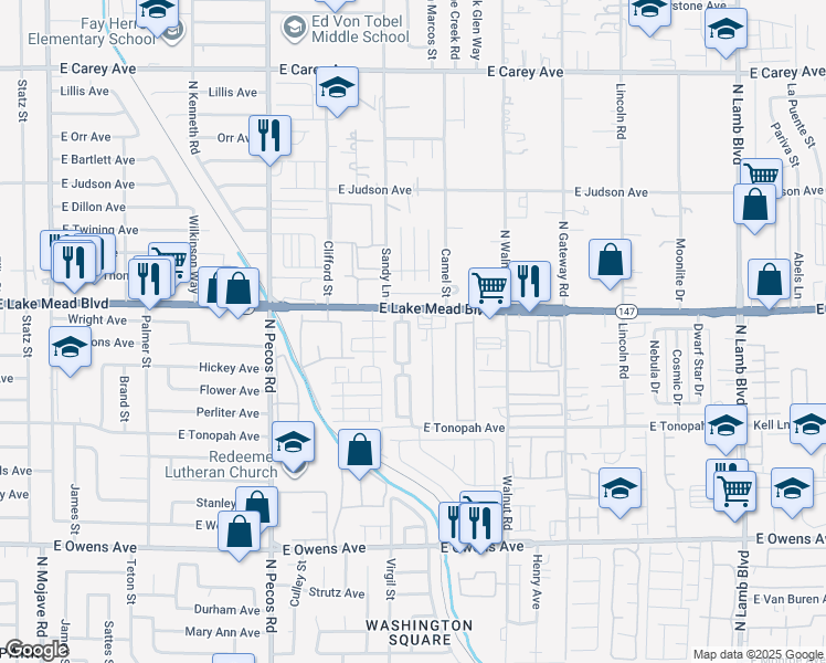 map of restaurants, bars, coffee shops, grocery stores, and more near 1977 Joyful Street in Las Vegas