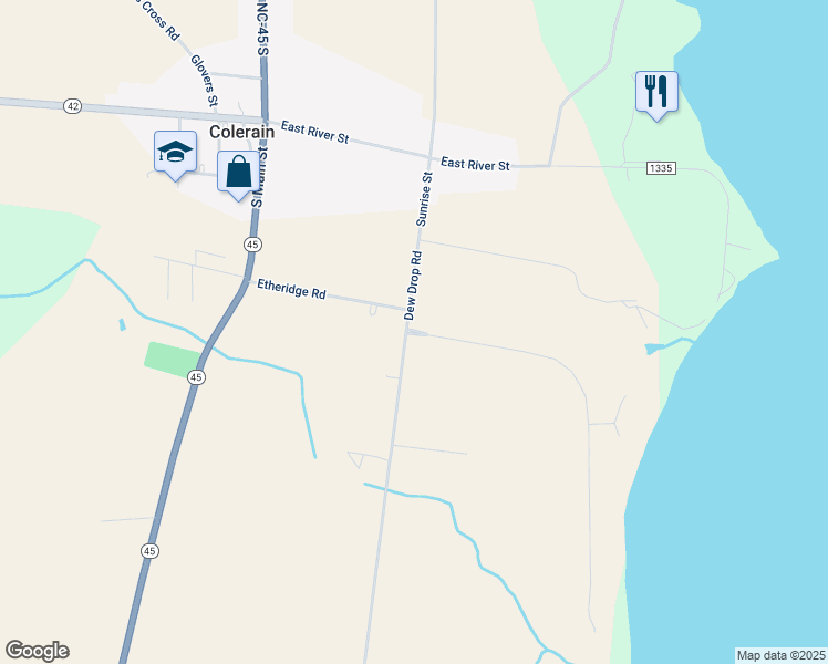 map of restaurants, bars, coffee shops, grocery stores, and more near 103 Chowan Shores Drive in Colerain