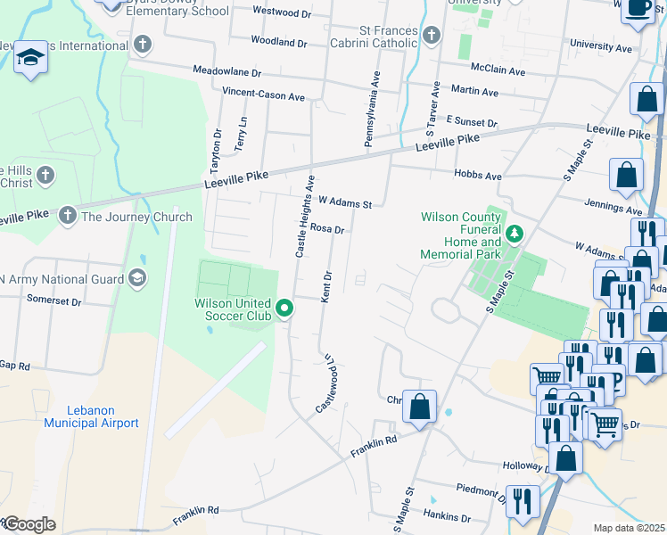 map of restaurants, bars, coffee shops, grocery stores, and more near 718 Kent Drive in Lebanon