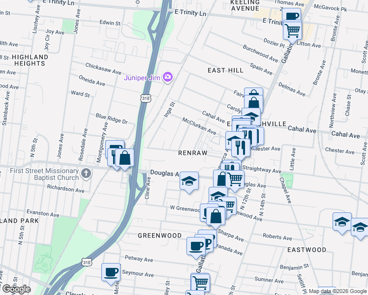 map of restaurants, bars, coffee shops, grocery stores, and more near in Nashville
