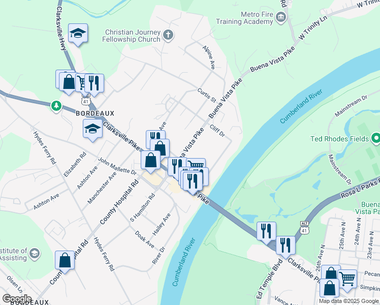 map of restaurants, bars, coffee shops, grocery stores, and more near 2122 Buena Vista Pike in Nashville