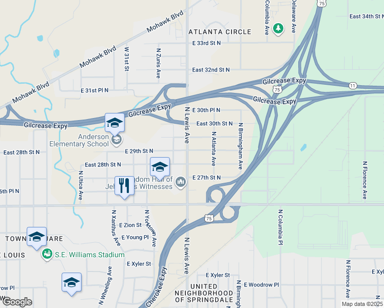 map of restaurants, bars, coffee shops, grocery stores, and more near 2819 North Lewis Avenue in Tulsa