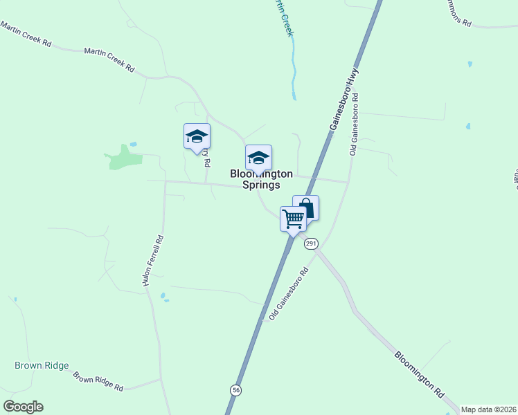 map of restaurants, bars, coffee shops, grocery stores, and more near 5683 Martin Creek Road in Bloomington Springs