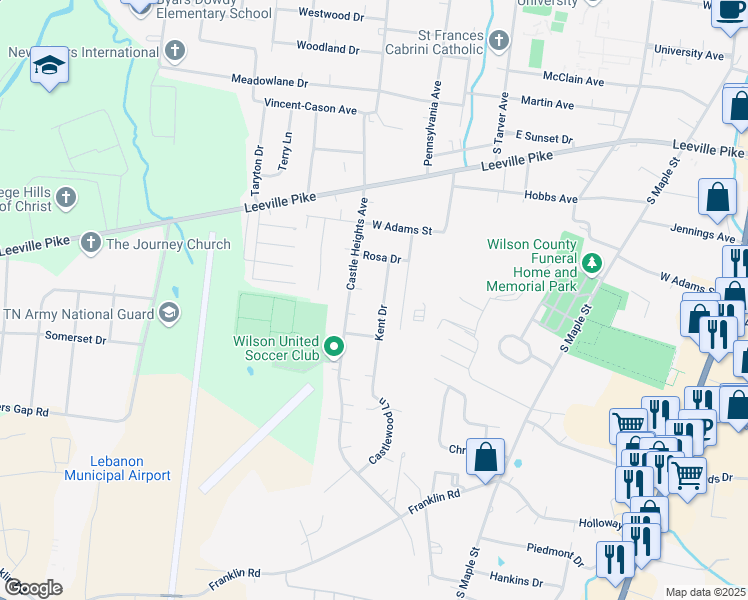 map of restaurants, bars, coffee shops, grocery stores, and more near 718 Kent Dr in Lebanon