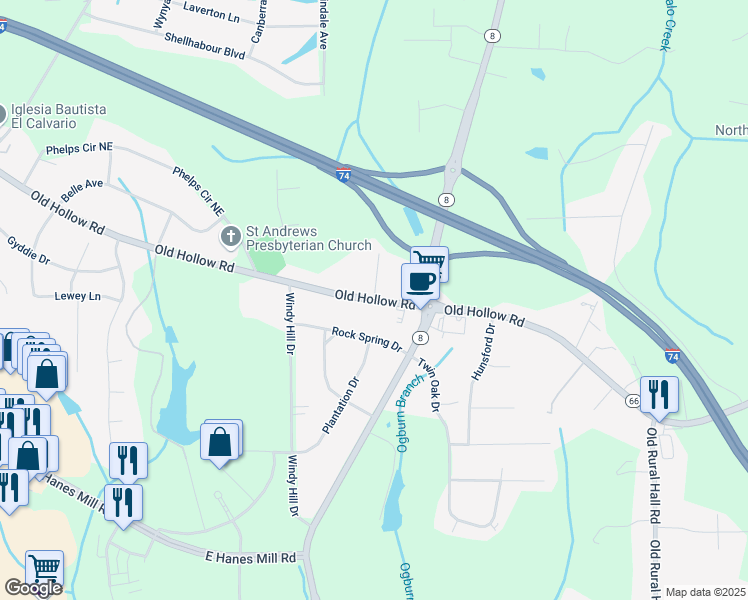 map of restaurants, bars, coffee shops, grocery stores, and more near 4145 White Oak Drive in Winston-Salem