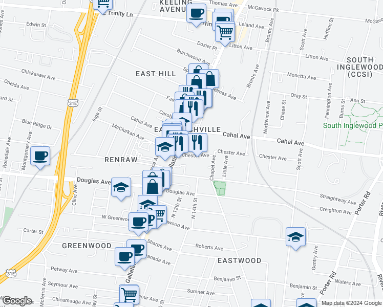 map of restaurants, bars, coffee shops, grocery stores, and more near 1023 Chester Avenue in Nashville