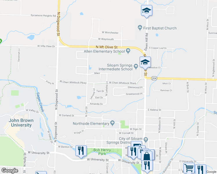 map of restaurants, bars, coffee shops, grocery stores, and more near 1305 North Latisha Lane in Siloam Springs