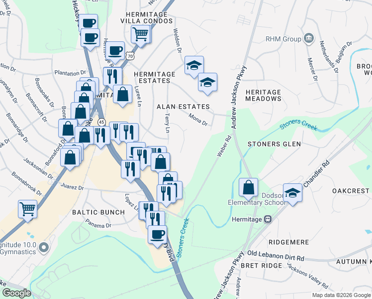 map of restaurants, bars, coffee shops, grocery stores, and more near 449 Harwell Drive in Nashville