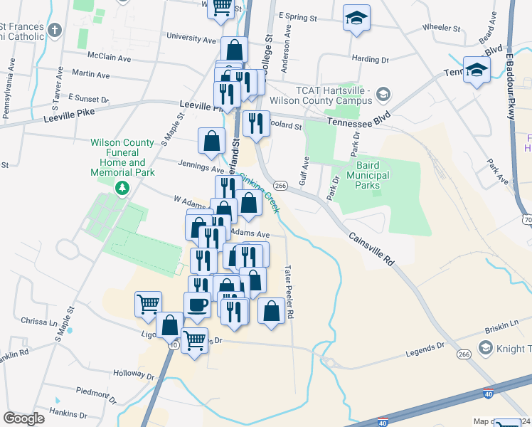 map of restaurants, bars, coffee shops, grocery stores, and more near 531 Melrose Street in Lebanon
