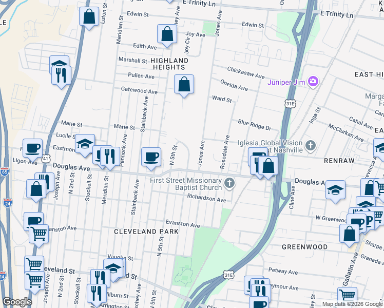 map of restaurants, bars, coffee shops, grocery stores, and more near 1313 North 6th Street in Nashville