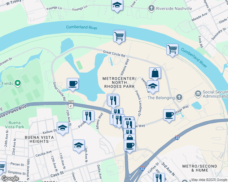map of restaurants, bars, coffee shops, grocery stores, and more near 220 Athens Way in Nashville