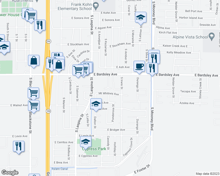 map of restaurants, bars, coffee shops, grocery stores, and more near 1164 Goble Court in Tulare