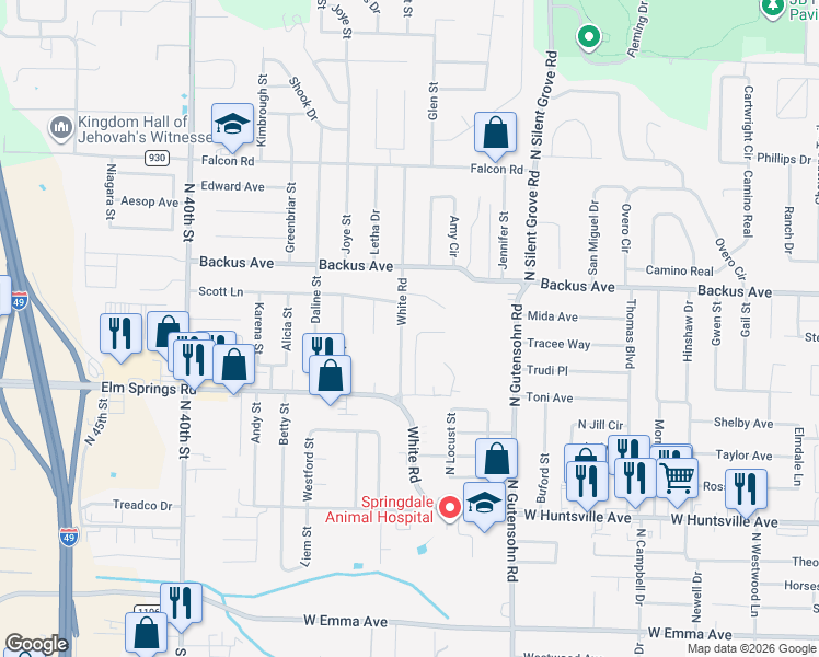 map of restaurants, bars, coffee shops, grocery stores, and more near 1103 White Rd in Springdale