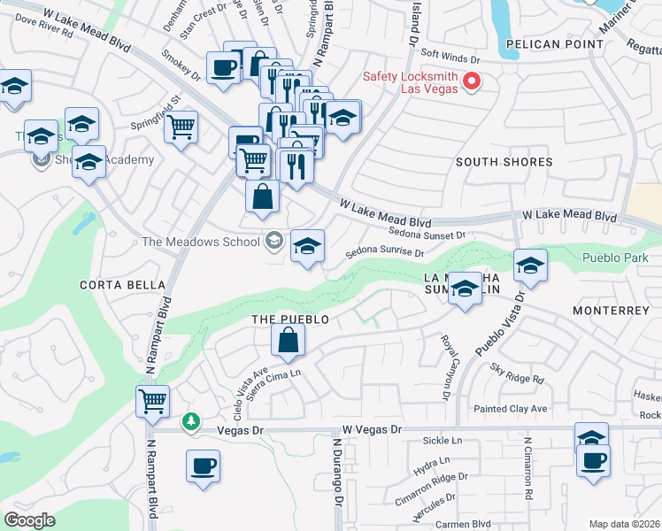 map of restaurants, bars, coffee shops, grocery stores, and more near 8324 Sedona Sunrise Drive in Las Vegas