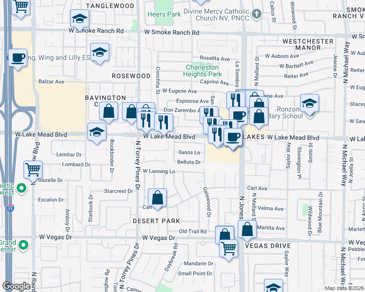 map of restaurants, bars, coffee shops, grocery stores, and more near 6237 Yerba Lane in Las Vegas