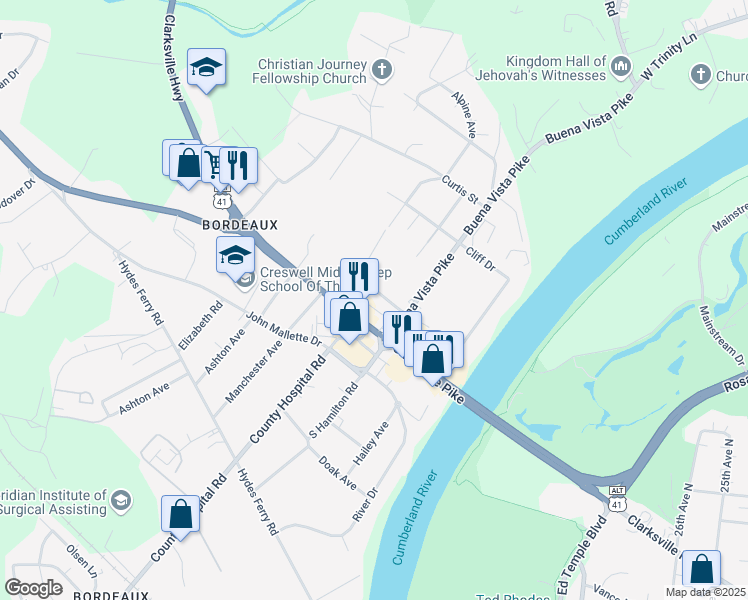 map of restaurants, bars, coffee shops, grocery stores, and more near 3209 Resha Lane in Nashville