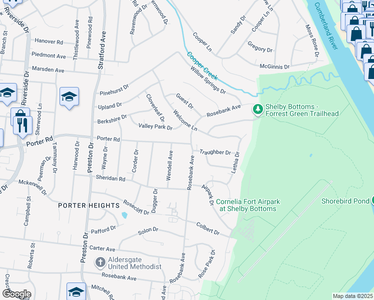 map of restaurants, bars, coffee shops, grocery stores, and more near 3000 Porter Road in Nashville