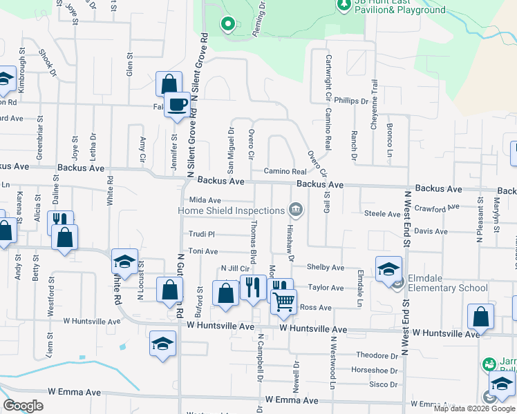 map of restaurants, bars, coffee shops, grocery stores, and more near 1105 Thomas Boulevard in Springdale