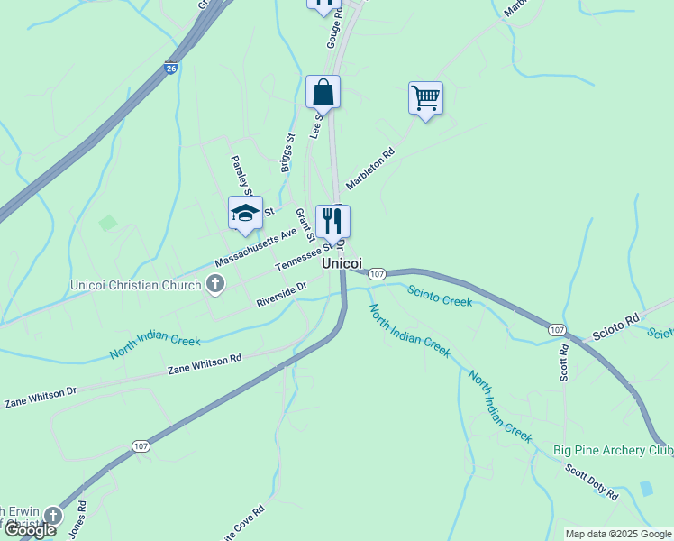map of restaurants, bars, coffee shops, grocery stores, and more near in Unicoi