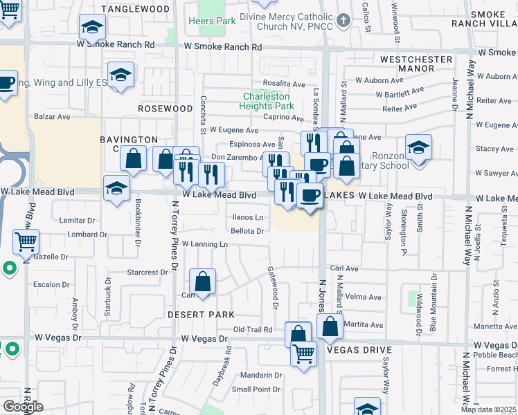 map of restaurants, bars, coffee shops, grocery stores, and more near 6217 Yerba Lane in Las Vegas