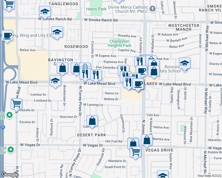 map of restaurants, bars, coffee shops, grocery stores, and more near 6225 Yerba Lane in Las Vegas