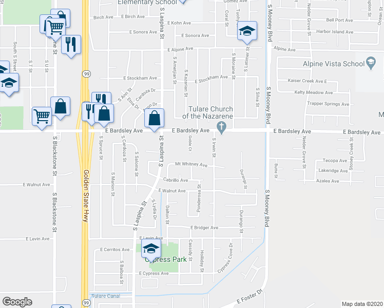 map of restaurants, bars, coffee shops, grocery stores, and more near 1172 Goble Court in Tulare