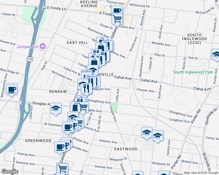 map of restaurants, bars, coffee shops, grocery stores, and more near 1127A Chester Avenue in Nashville