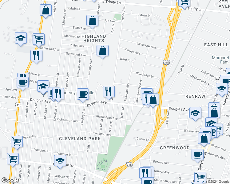 map of restaurants, bars, coffee shops, grocery stores, and more near 1364 Rosedale Court in Nashville