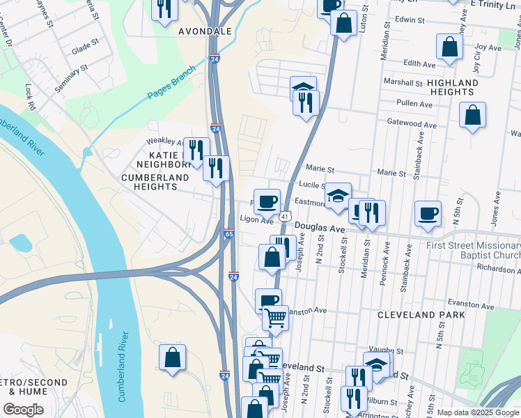 map of restaurants, bars, coffee shops, grocery stores, and more near 8 Fern Avenue in Nashville