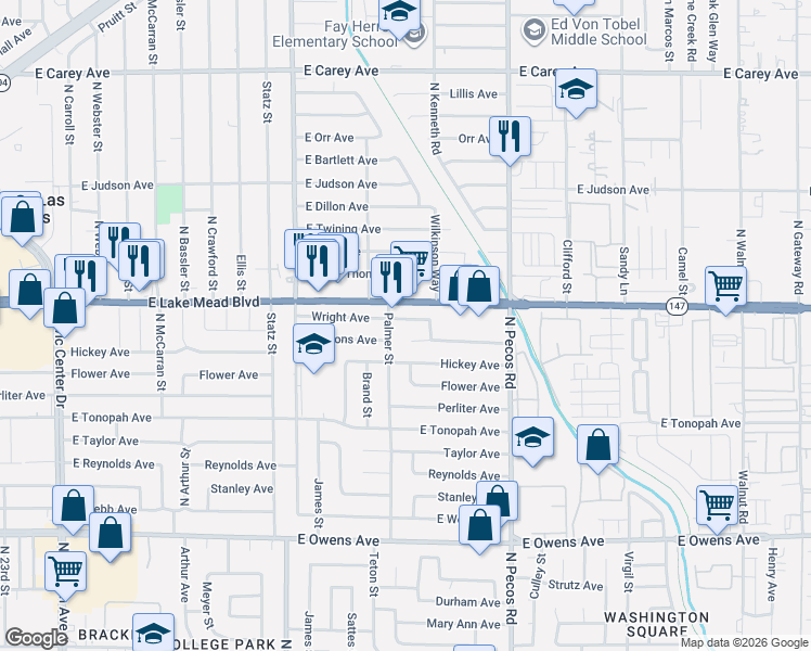map of restaurants, bars, coffee shops, grocery stores, and more near 3409 Wright Avenue in North Las Vegas