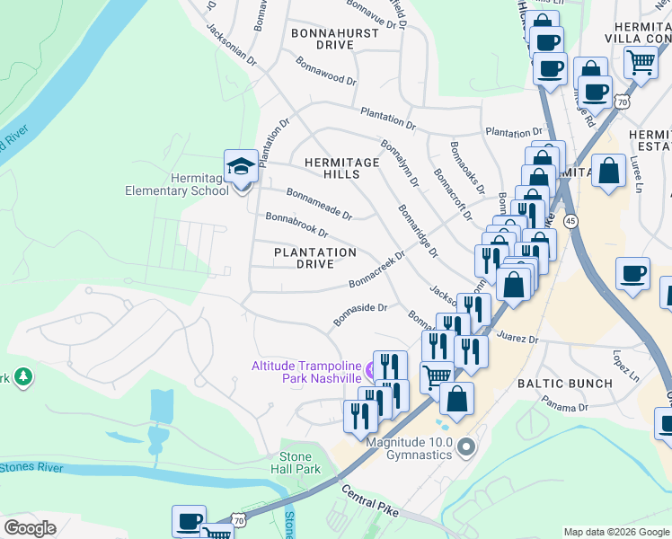 map of restaurants, bars, coffee shops, grocery stores, and more near 5027 Bonnahill Drive in Nashville