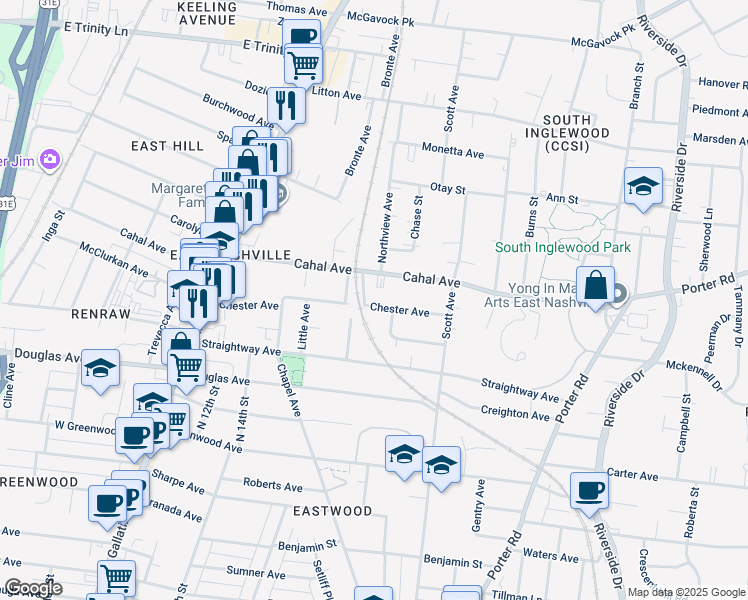 map of restaurants, bars, coffee shops, grocery stores, and more near 1309 Chester Avenue in Nashville