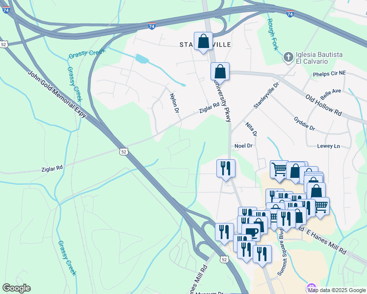 map of restaurants, bars, coffee shops, grocery stores, and more near 350 Arbor View Lane in Winston-Salem