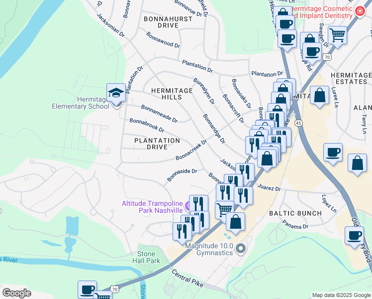 map of restaurants, bars, coffee shops, grocery stores, and more near 3844 Bonnacreek Drive in Nashville