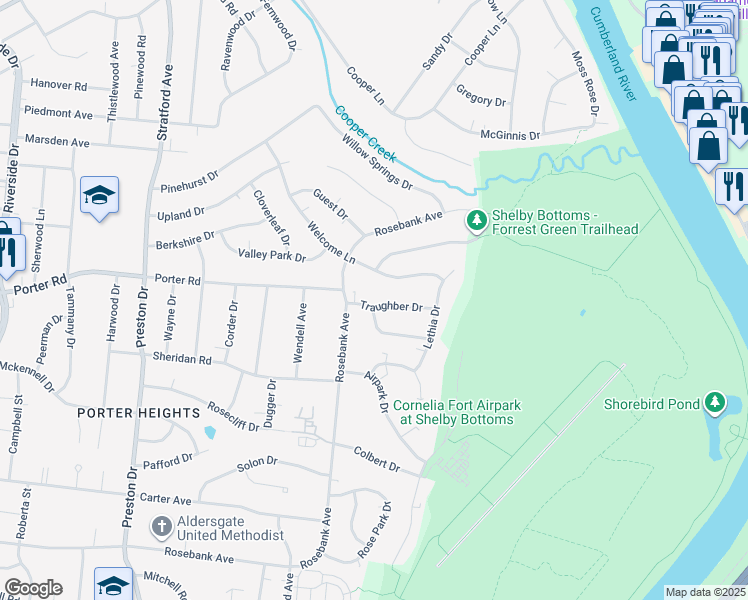 map of restaurants, bars, coffee shops, grocery stores, and more near 2605A Traughber Drive in Nashville